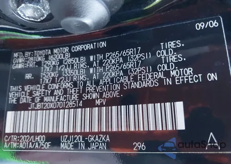 2007 Lexus Gx 470 z USA, uszkodzony, nr VIN JTJBT20X070128514